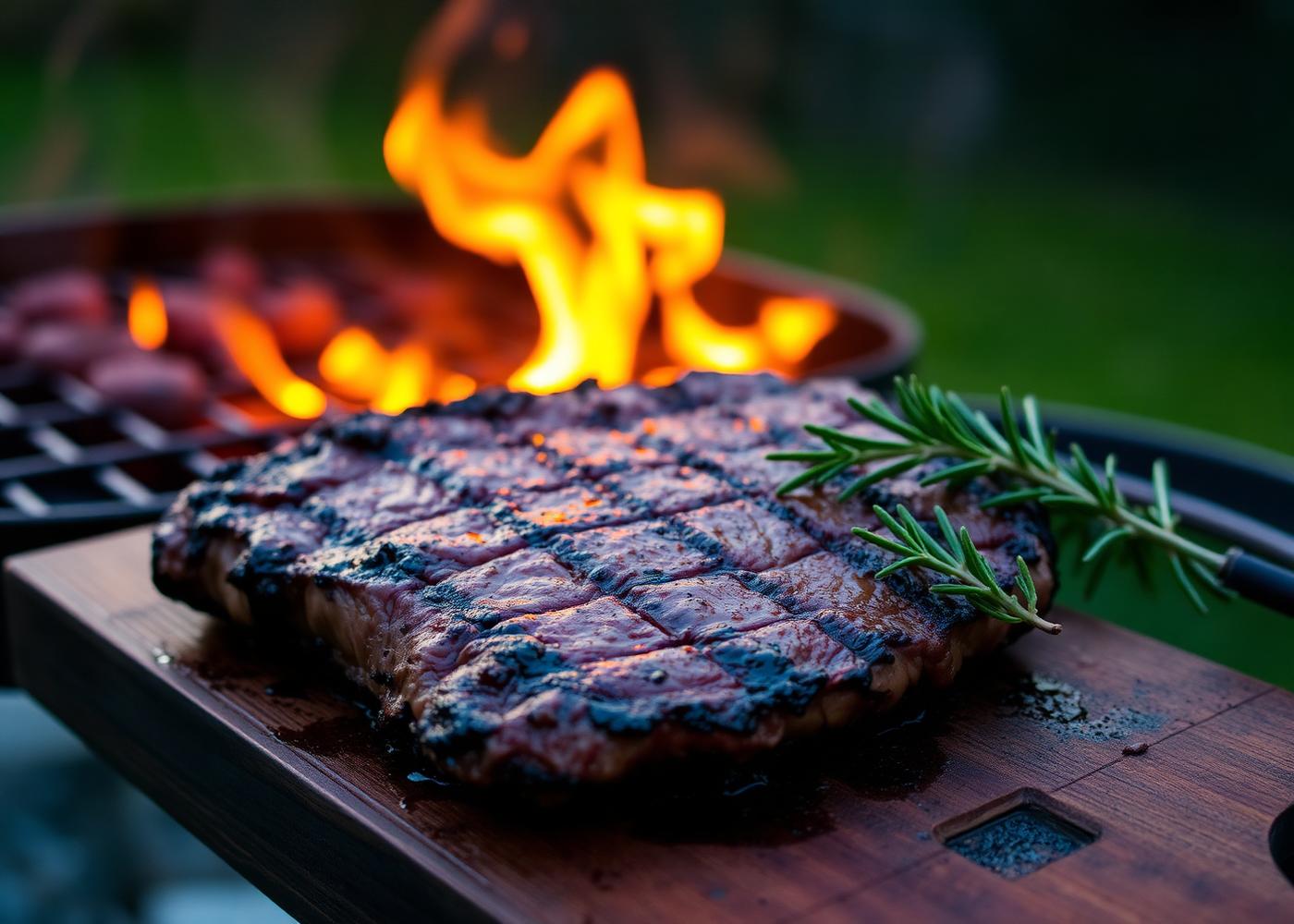 A grilled ribeye resting on a board