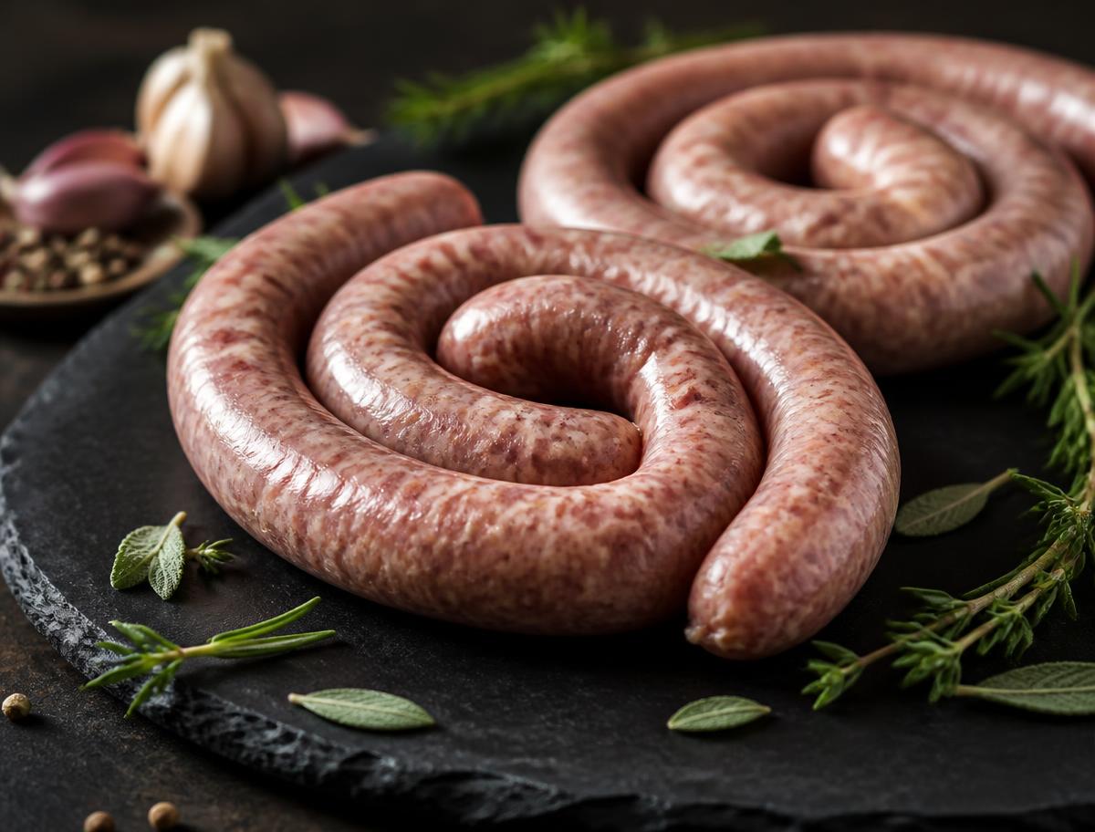 House-made sausage links on a slate tray